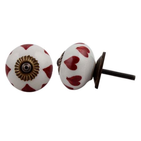 White Red Hearts Ceramic Knob